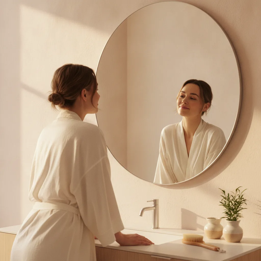 Woman in a mindful morning mirror ritual