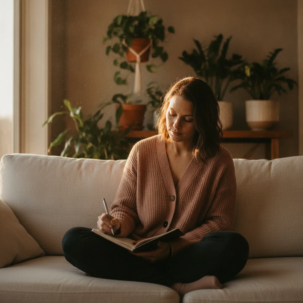 Woman journaling, head tilted thoughtfully